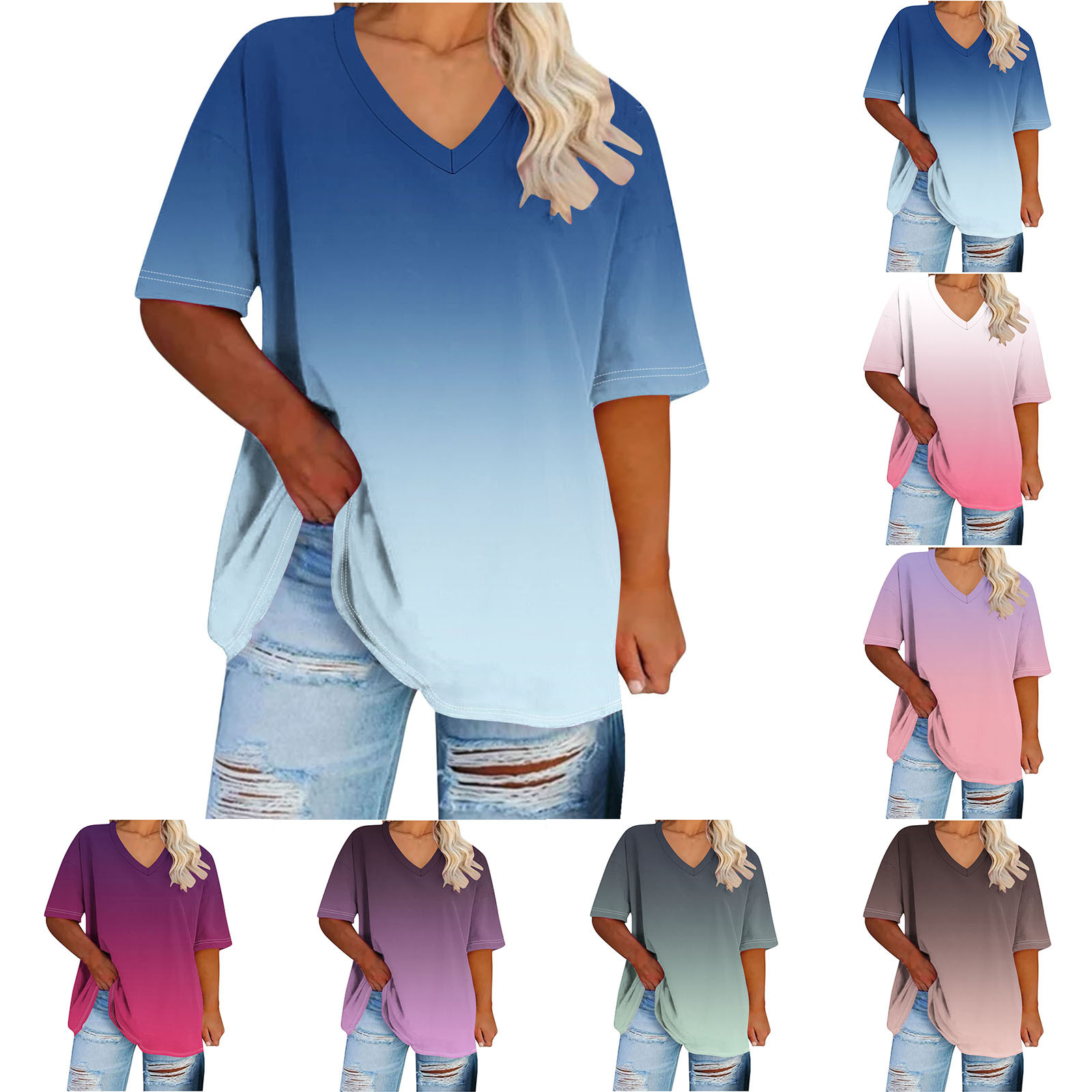 CFLVAEK Womens Plus Size Tops Loose Fit V Neck T Shirts Comfy Short Sleeve Tshirt Fashion Gradient Graphic Tees Summer Vacation Going Out Tops Blue XXL